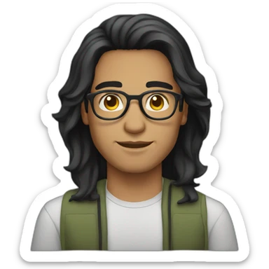 a light skin Pakistani male, with round glasses, techy, black long hair. sticker