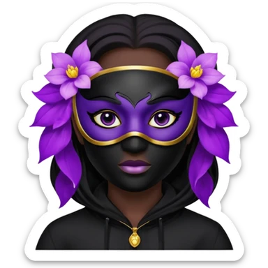 no visible face non human cartoon character related to a shadow, with all black clothes, focusing a black hoodie, and a black versace face mask covering his entire face, just his purple shadow eyes making a light bloom sticker