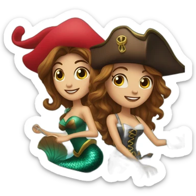 Brown haired mermaid and woman pirate in Santa’s sleigh sticker