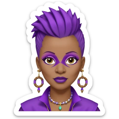 57yr old Qeen black woman with a natural hair mohawk style haircut adorning purple royalty clothing and purle lipstick and eyeshadow purple with a nose ring studs on each side. Wearing bamboo earr sticker