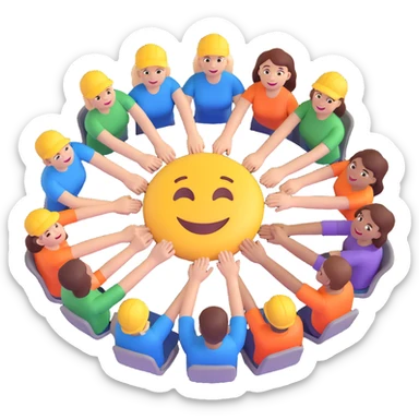 Show a group of diverse, happy employees actively engaged in a teamwork activity, such as collaborating on a project or joining hands in a circle, in the same 3D emoji style as before. sticker