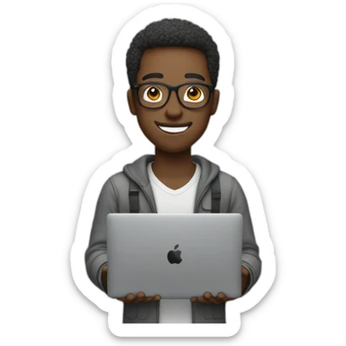 a black man with spec using macbook facing right smiling holding gadget sticker