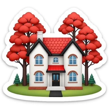 Dom z czarnym dachem i biała elewacja ze wstawkami z czerwonej cegły.Na drugim planie las. sticker