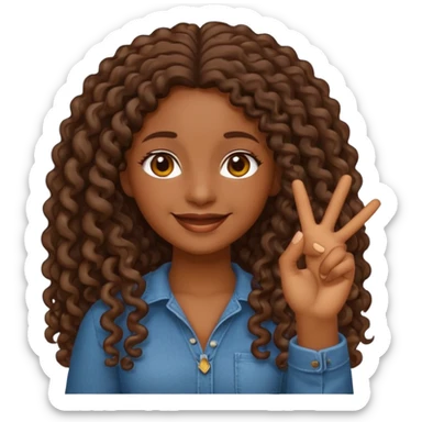 sticker style iPhone emoji of a dark-skinned girl with long curly hair, making a peace gesture, transparent background sticker
