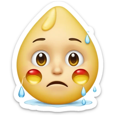 human-like yellow emoji face, round head, one big teardrop falling from the eye, large white tissue gently wiping the tear, apple emoji style, simple white background sticker