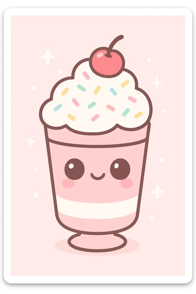 kawaii style milkshake with a happy face, whipped cream, sprinkles, cherry on top, pastel pink and white colors sticker