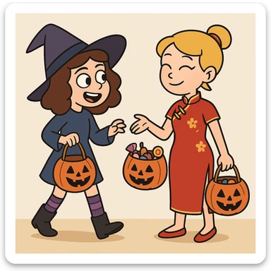 girl brown classic curls hair blue witch a witch costume purple stripes socks black boots girl yellow hair Chinese Girl Costume Red Oriental Dress red shoes some trick or treats  sticker