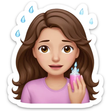 girl with wavy long brown hair, brown eyes, light to medium complexion, long lashes, light pink lipstick, wearing light pink shirt, smiling, crying  sticker
