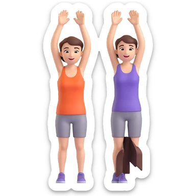 short-haired woman in a sleeveless top, arms raised, cheerful, minimal background sticker