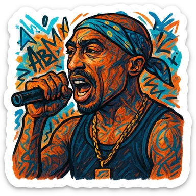 Tupac mid-rap, holding microphone, hip hop vibe, bandana, expressive face, graffiti-inspired sticker