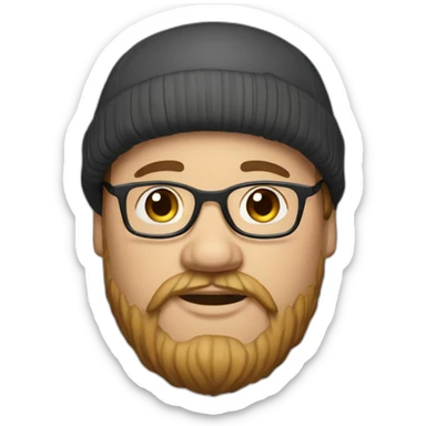Overweight man with dark hair wearing small beenie on head, beard and glasses. sticker