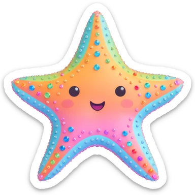 sea star, rainbow pastel colors, covered in sparkling gems, cute simple face sticker