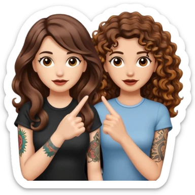 finger snap idea — long wavy brown hair tattooed woman and short tight curly brown hair woman — spark flash sticker