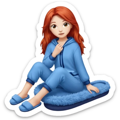 young woman with long red hear wearing comfy lounging outfit, wearing blue fuzzy slippers sticker