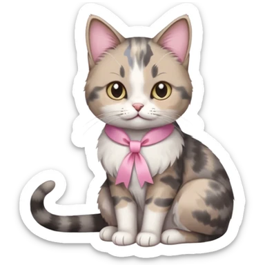 Sitting Dilute grey calico cat with pink ribbon sticker
