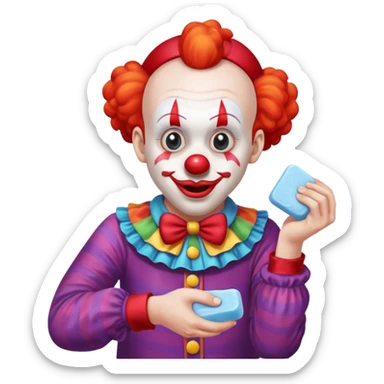 Clown dropping down to pick up soap sticker