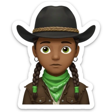 Black boy with three braids near each eye wearing a black cowboy hat with green bandana around his neck sticker