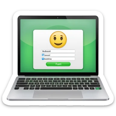 A emoji-style illustration of a laptop front facing with its screen showing onboarding form. On the screen, display a small white form card with a few input fields no labels. Add a bright green button at the bottom of the card no label. fix the keyboard letters. sticker