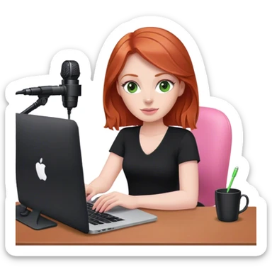 Redhead with green eyes sat at desk with pink MacBook and  podcast microphone black top and pink chair  sticker