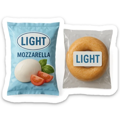 PACCHTTO DI MOZZARELLA LIGHT CON LA SCRITTA "LIGHT" SULLA CONFEZIONE, ACCANTO AD UN DONUT CONFEZIONATO CON LA SCRITTA "LIGHT" SULL'ETICHETTA,  iperrealistico 4k sticker