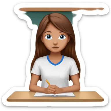 high school class room with a pretty female high school student with long brown hair, blue eyes sitting in front of the blackboard sticker