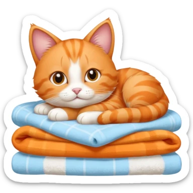 Cute baby Orange cat laying on a stack of light blue blankets sticker