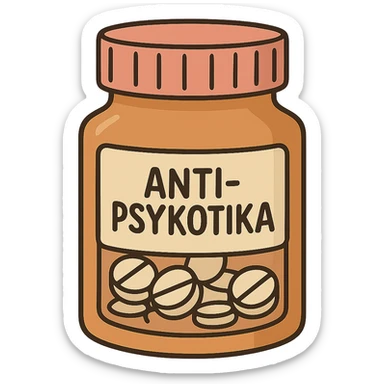 cartoon style pill bottle labeled 'Antipsykotika', no face, arms, or legs sticker