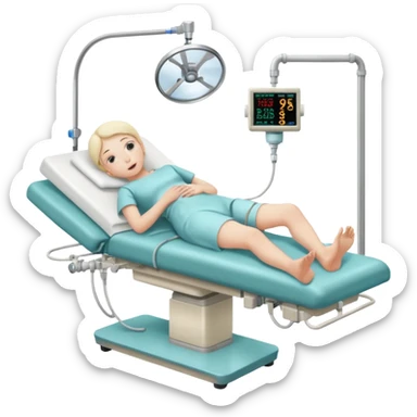 A colonoscopy procedure in progress in a clean, clinical operating room, showing a patient lying on an examination bed while the procedure is being performed, realistic medical environment. sticker