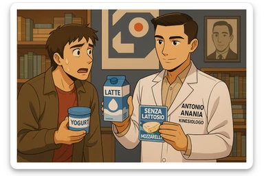 fai un webtoon manga a colori con questo stile, in cui un uomo ASCOLTA Il kinesiologo con il camice bianco (fagli anche la scritta "ANTONIO ANANIA" SUL CAMICE, IL KINESIOLOGO SPIEGA ALL'UOMO UNA MOSTRANDO VARI PRODOTTI DA SUPERMERCATO CONFEZIONATI (TIPO SCATOLA DI LATTE, MOZZARELLE CONFEZIONATE, FORMAGGIO CONFEZIONATO), OGNI CONFEZIONE HA LA SCRITTA "SENZA LATTOSIO SULL'ETICHETTA. L'UOMO OSSERVA IL KINESIOLOGO CON ESPRESSIONE CONFUSA IN VOLTO. non fare i fumetti però, fai solo in modo che sembri stiano parlando sticker