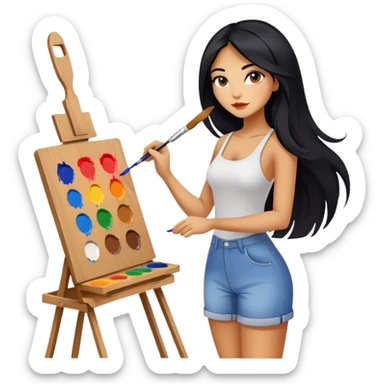painting, easel, master piece, artist, long black hair tanned woman, paint pallet colors and paint brush, sexy sticker