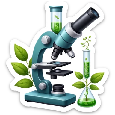 An icon featuring a microscope, a DNA strand, and plant leaves, symbolizing biology. The design includes cells, a test tube with a plant sample, representing life sciences, ecosystems, and the study of organisms. Transparent background highlights the exploration of living systems. sticker