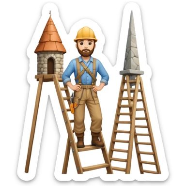 steeplejack man light skin with a beard on a ladder that's beside a spire sticker