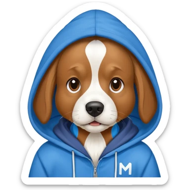 Dog wearing a Blue hoodie. And on the hood is a giant White M sticker