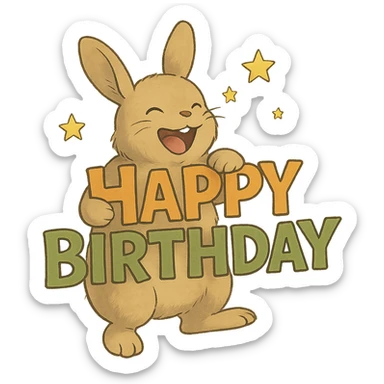 full-body laughing bunny hugging "Happy Birthday" letters with stars, soft Ghibli style sticker