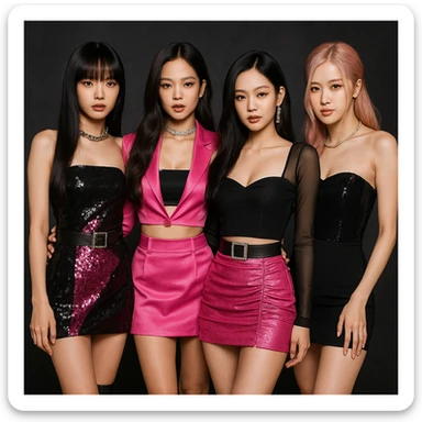 Blackpink, K-pop girl group, four members, glamorous, pink and black outfits, confident, group pose sticker