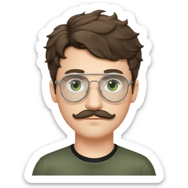 Light brunette wavy haired young man with pale skin and metal aviator glasses. Eyes are greenish grey and he has a moustache. Black t-shirt. sticker