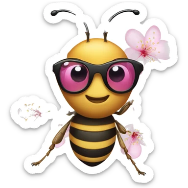 honey bee wearing glasses with a pink cherry blossom flower on its head sticker