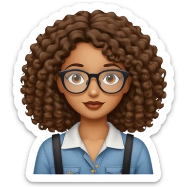 brown girl with wavy curly shoulder length hair. glasses, sticker