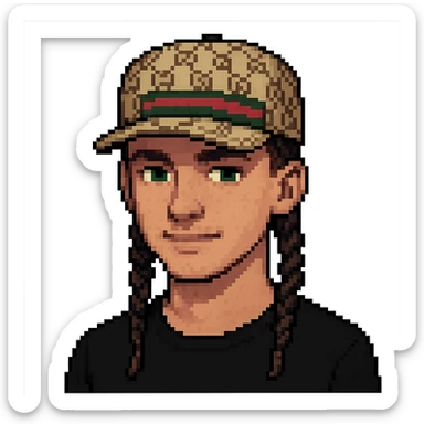 Homme avec des tresses plus courtes et une casquette Gucci, style pixel art, sans fond. Note: style pixel art does not support editing, so using general style editor with pixel art style intention. sticker