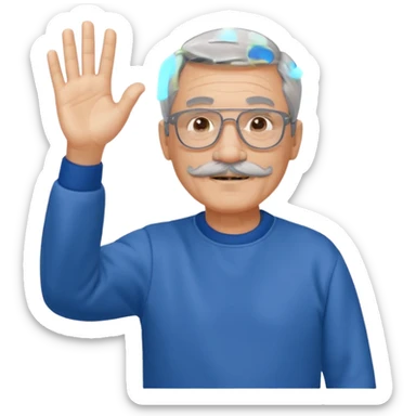 60 yr man partial gray hair parted in center, mustache, light glasses, sweatshirt waving hello sticker