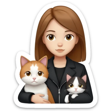 Light-skinned girl with brown straight hair wearing a black jacket, along with one pure white cat and one calico cat sticker