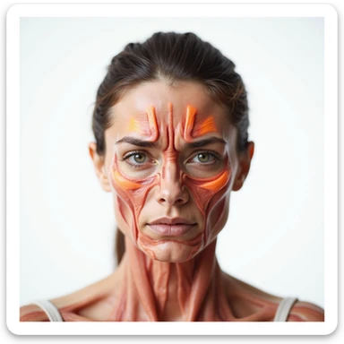 realistic anatomical front view of a woman showing head anatomy with pain areas highlighted on forehead and temples, tense muscles, headache expression, light background sticker