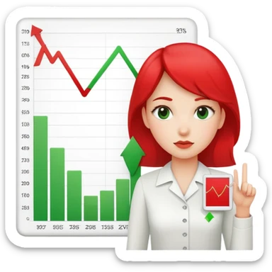Female character displaying two small charts, green upward trending graph in right hand, red downward trending graph in left hand sticker