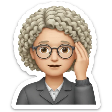 curly blonde/gray hair, glasses, one hand face palm duh sticker