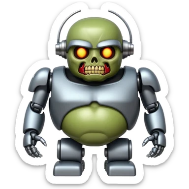 fat zombie robot terminator, straight front view, glossy smooth finish, Apple emoji style, no background sticker