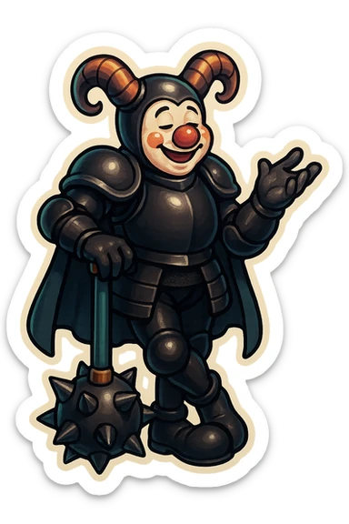 A relaxed armored clown with ram horns, glossy black on matte black armor, short cape, large black clown shoes, leaning on his oversized spiked mace with one hand, the other hand gesturing as if telling a story, eyes barely open, jovial expression, vibrant retro stickers style, no yellow aged tint, full body, transparent background sticker