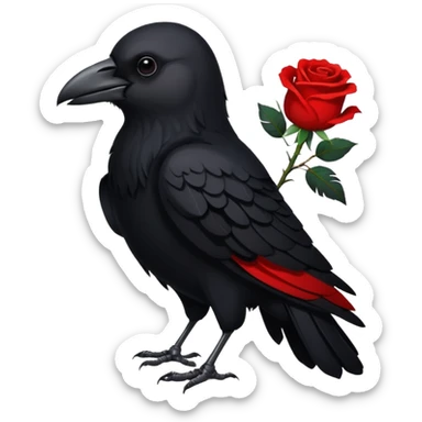 A crow with a white rose with red in its beak sticker