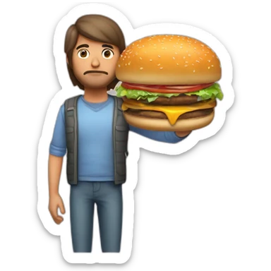 persona obesa triste con una hamburguesa en una mano y en la otra una mancuerna sticker