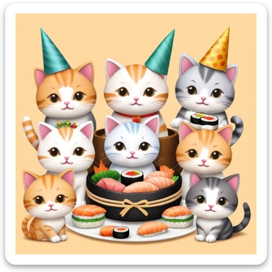 Nine kitties enjoying sushi birthday feast sticker