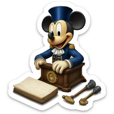 Mickey mouse next to an antique French Revolution royalty remover instrument sticker